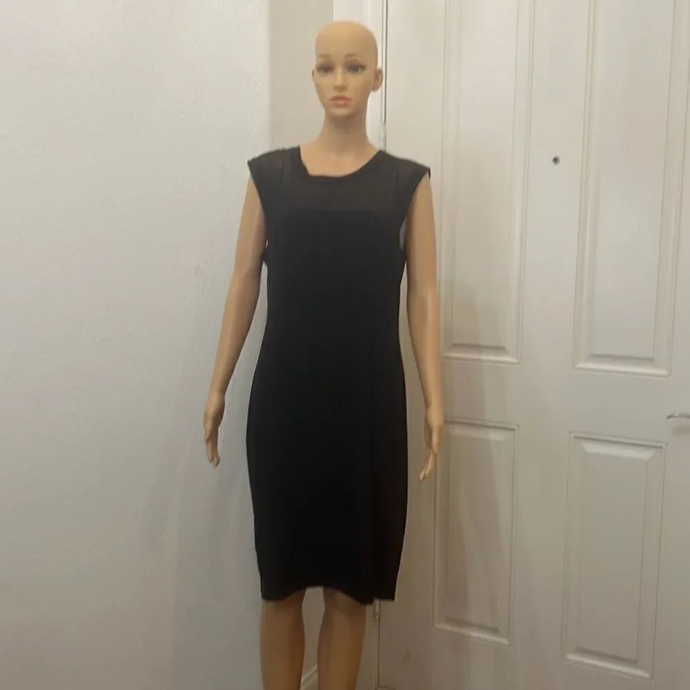 H&M Black Dress Size 14 Midi Scoop Neck Short Sleeve Sheer Top Statement Zipper